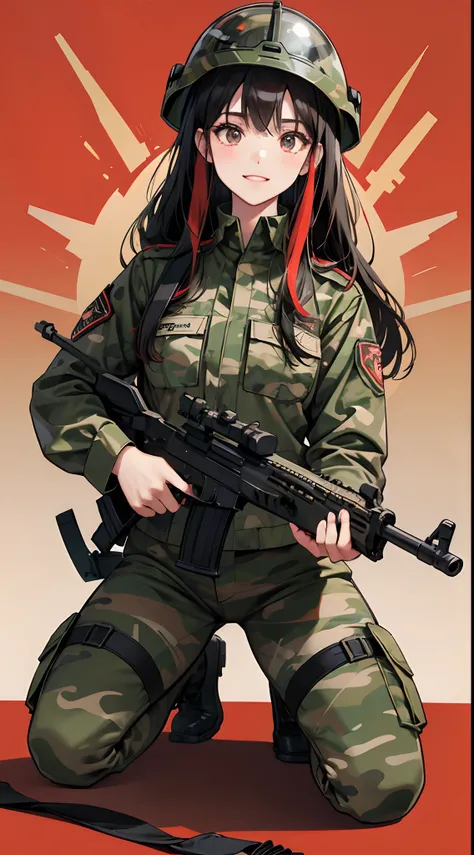 Self-Defense Forces、camouflage uniform、Camouflage helmet、An 18-year-old woman、ssmile、Long straight hair with red highlights on black hair、Bustling background、Comical illustration、Kneel up、hold a gun