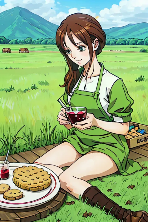 a hard working reader in a green field with a plate of biscuits and a tasty drink