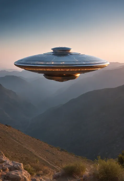 Cutting-edge technology, Breathtaking, insanely details, Futuristic mothership, Otherworldly UFOs, saunt, The blue hour of the evening, rugged, peak, Advanced rendering techniques, Hyper-realistic, Smooth metal surface, Pulsating light, Picturesque view, C...