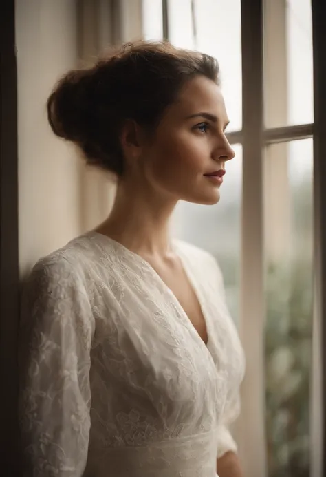 arafed woman in white top and green skirt looking out a window, a picture by Emma Andijewska, shutterstock, fine art, photo of a beautiful woman, gorgeous young model, a beautiful young woman, beautiful young woman, young beautiful woman, very beautiful yo...