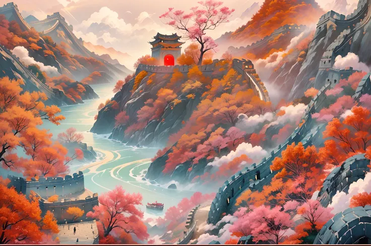 Chinese painting， Modern Chinese background， (Great wall:1.4)，mountain ranges， Auspicious clouds， Beacon，pedestrians， rays of sunshine， Adopt a psychedelic color scheme，hyper detailed illustration，Light red and sky blue，Imaginary landscape，psychedelic mang...