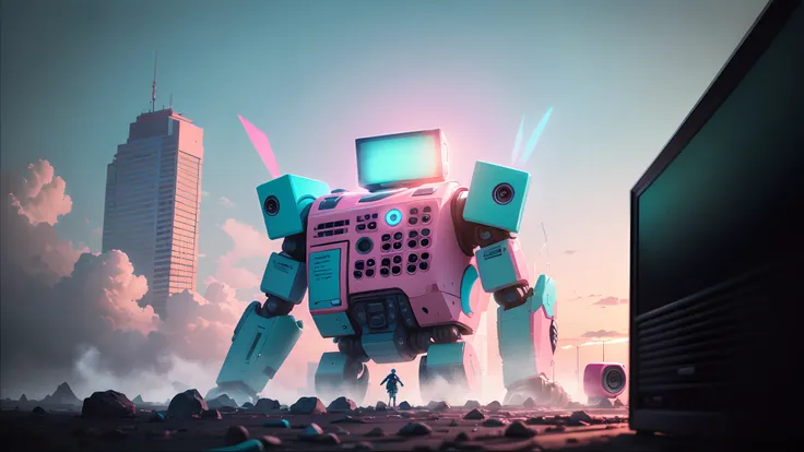 Plastic Toy style, (Pink and cyan Background), (outdoor, sky),( TV, Speaker, Giant Robot, humanoid)