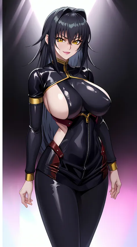 (masterpiece:1.4),(best quality:1.4), beautiful face, beautiful eyes, 1girl, solo, female mature, black hair, long hair, (yellow eyes), large breasts, black latex suit, ((night vibe background)), hair intakes, exquisite eyes detail, exquisite character des...