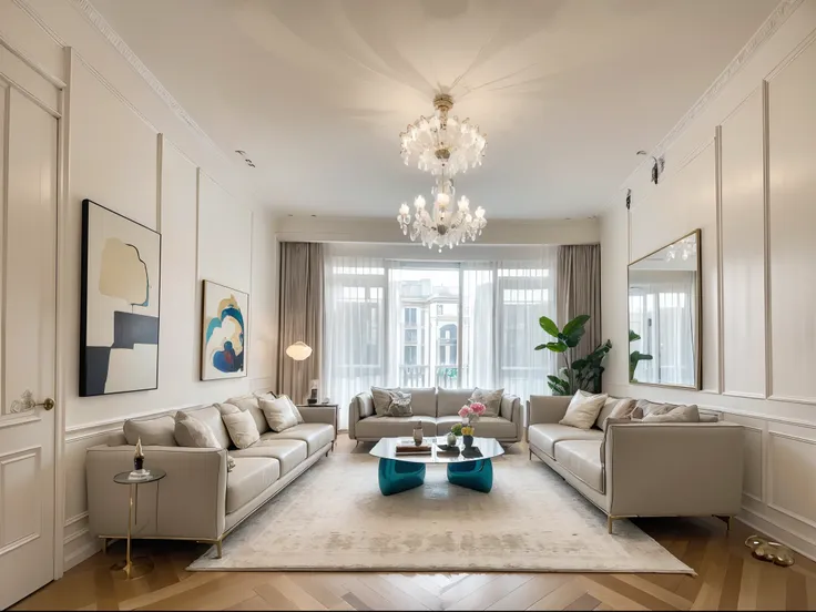 entering the living room is like stepping into an exquisite art gallery! the tall ceiling is adorned with unique chandeliers, il...