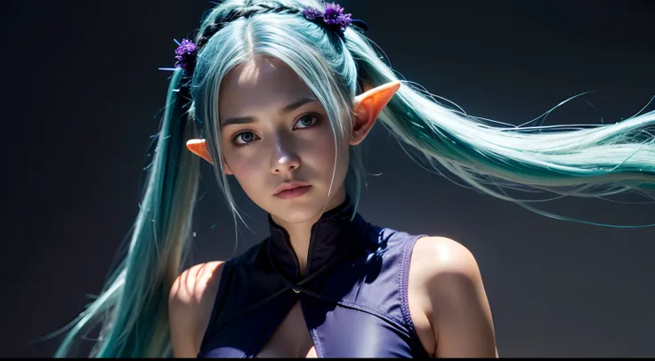 Elf, beautiful smooth face,  long light blue hair tied into pigtails, eyes is purple, wears a dark-colored bodysuit, large breast