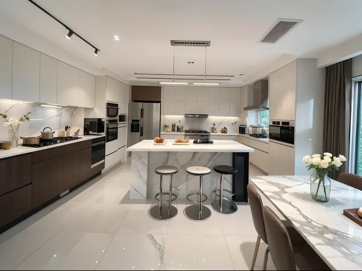 (bright, well-lit) a luxurious, state-of-the-art kitchen fit for a chef awaits you as you step inside, as if you have entered a ...