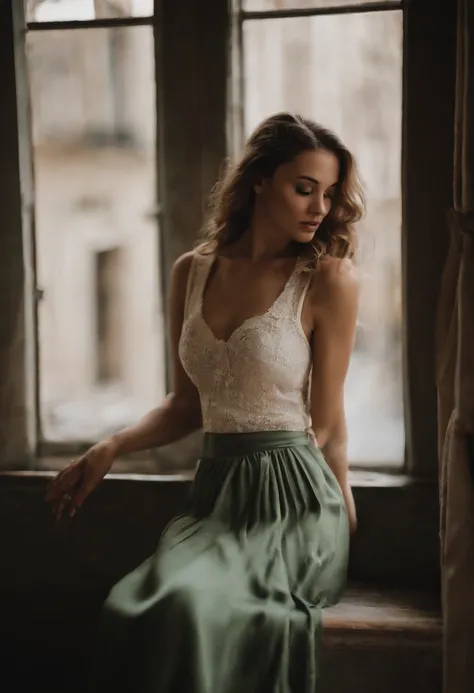 arafed woman in white top and green skirt looking out a window, photo of a beautiful woman, gorgeous young model, a beautiful young woman, beautiful young woman, young beautiful woman, very beautiful young woman, leaning against the window, side profile wa...