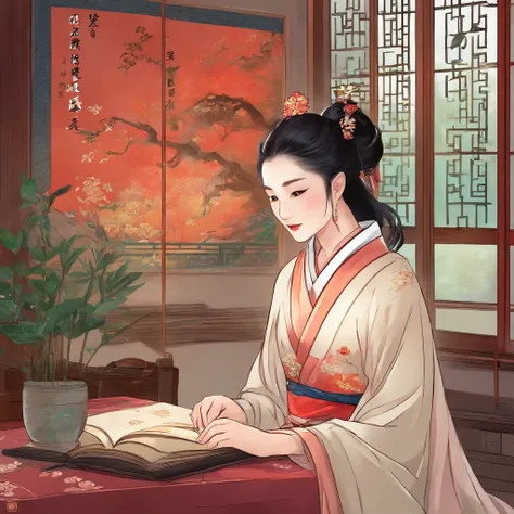 (best quality,4k,highres,masterpiece:1.2),ultra-detailed,realistic:1.37,A girl in a traditional Song Dynasty setting is lying on a desk, crying softly. Rain is pouring outside through the large window. The room is filled with abundant plants, books, and pi...