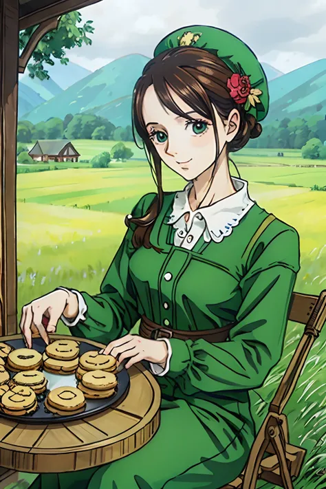 A hardworking reader in a green field，There was a plate of biscuits and delicious drinks，Adjustment hand position