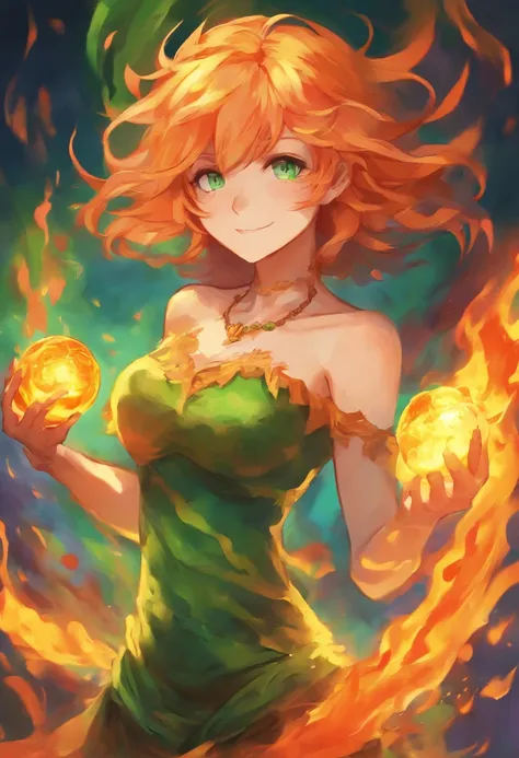 Bomb anime girl, made of liquid orange flames, glowing green and yellow eyes, can self destruct, fanged  evil grin, floating glowing orbs of fire, masterpiece, best quality