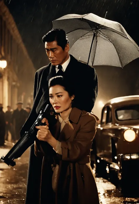 Behind Ken Takakura in a trench coat, A woman of incomparable beauty holds an umbrella on Ken Takakuras back.、Rain Amsterdam、Looks like a love scene、however、If you look closer, ((A woman threatens a man by pointing a gun at his flank))。Dangerous scene of t...