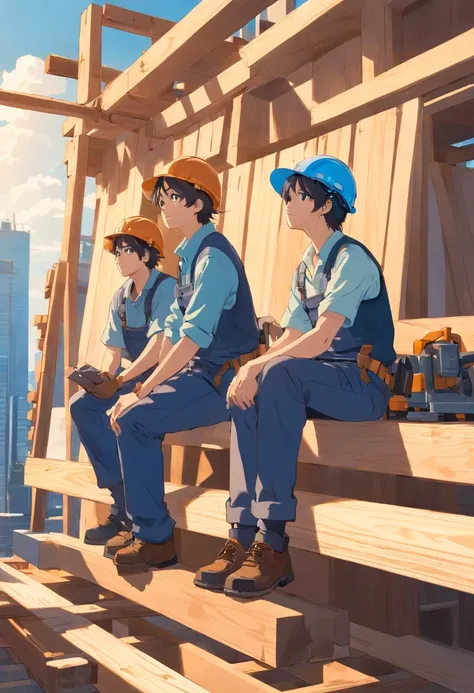 Three construction workers sitting on top of lumber, taking a break. In the background, there is a construction site and a blue sky.