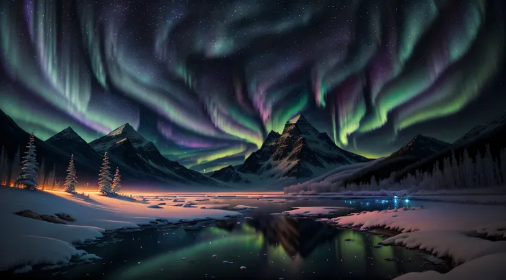 Northern Lights,Bob Ross style,painting,scenic art,landscape,oil paint,soft brush strokes,vivid colors,aurora borealis,night sky,twinkling stars,mountains,snow-capped peaks,reflection on water,peaceful atmosphere,tranquil setting,warm color palette,dramati...