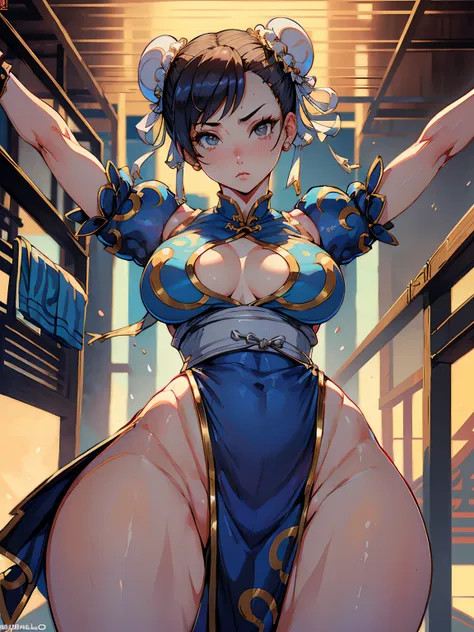 chun-li de luchadora callejera , ((su cabello tiene dos bollos)) cuerpo completo, dynamic  pose, sandalias blancas,(((leotardo d...