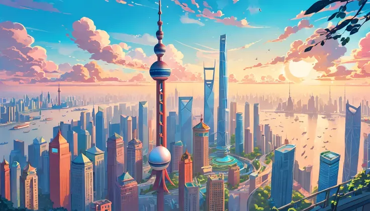 Chinese painting， Modern Chinese background， (Shanghai, China，Oriental Pearl TV Tower:1.4)，City high-rises，Auspicious clouds，View of the Bund，rays of sunshine，Adopt a psychedelic color scheme，hyper detailed illustration，Light red and sky blue，Imaginary lan...