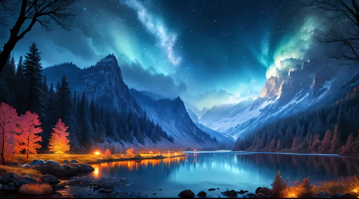 best quality, masterpiece, beautiful wild and natural fantasy landscape with glowing lights