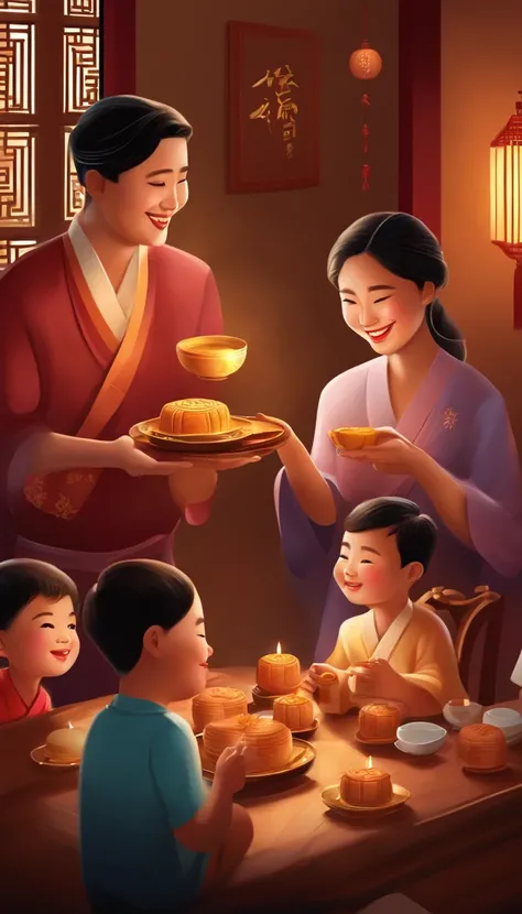 A family eats mooncakes，Men honor their parents with gifts in their hands, Happy family, There are mooncakes on the table,Gift in hand， tea drinking and paper lanterns, Another bright moon in the sky，warm and joyful atmosphere, Digital illustration, Poster...