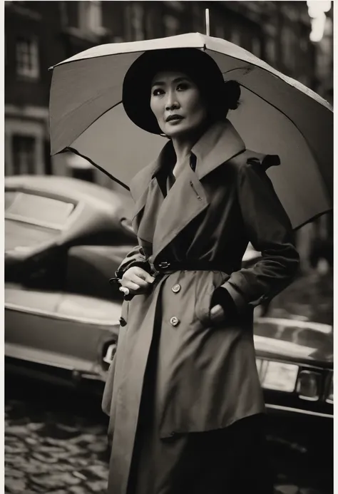 Behind Ken Takakura in a trench coat, A woman of incomparable beauty holds a large umbrella near Ken Takakuras back.、Rain Amsterdam、If you look closer, ((A woman threatens a man by pointing a gun at his flank))、「You are the one who killed my brother!」、Dang...