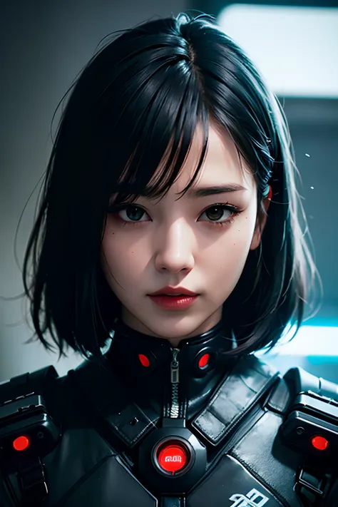 a woman with black hair, (master piece), cyber punk style, futuristic, intricated detail