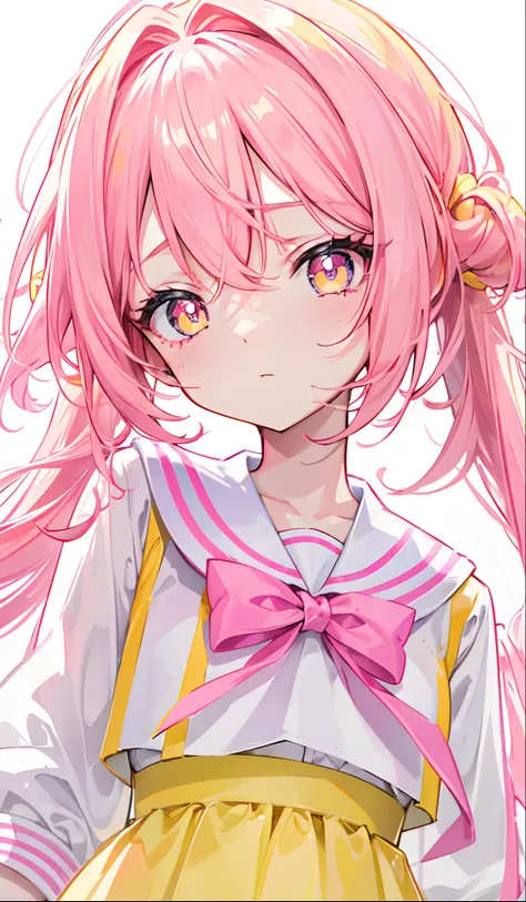 Glowing light pink yellow with hair and pupils，They are also fluorescent，A school uniform in a glowing pink, yellow and white color，Very tender and shiny face，It also fluoresces，The whole is shining，Its a sweet loli girl