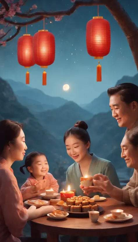 A family eats mooncakes，Men honor their parents with gifts in their hands, Happy family, There are mooncakes on the table,Gift in hand， tea drinking and paper lanterns, Another bright moon in the sky，warm and joyful atmosphere, Digital illustration, Poster...