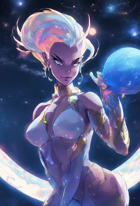 ((masterpiece,best quality)), absurdres, Vados_DB, solo, ponytail, blue skin, looking at viewer, smile, stars and space in background, cinematic composition, naked, full body, lying, sexy, pussy