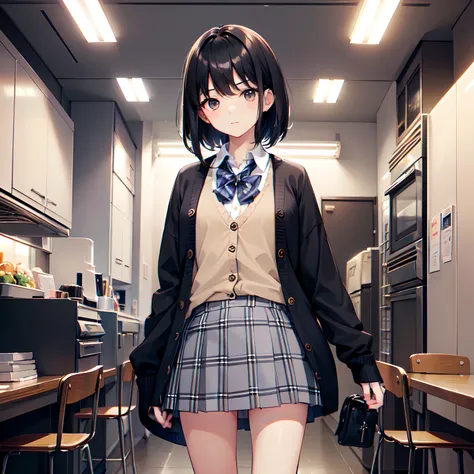 Super delicate and cute girl with black hair、a junior high school student、14years、8K Ultra High Definition、Delicate texture、 Medium Hair、flat chest、(((Plaid mini skirt)))、(((Wear a cardigan over a collared shirt)))、high socks