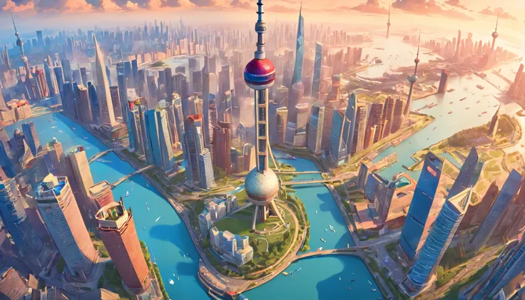 Chinese painting， Modern Chinese background， (Shanghai, China，Oriental Pearl TV Tower:1.4)，City high-rises，Auspicious clouds，View of the Bund，rays of sunshine，Adopt a psychedelic color scheme，hyper detailed illustration，Light red and sky blue，Imaginary lan...