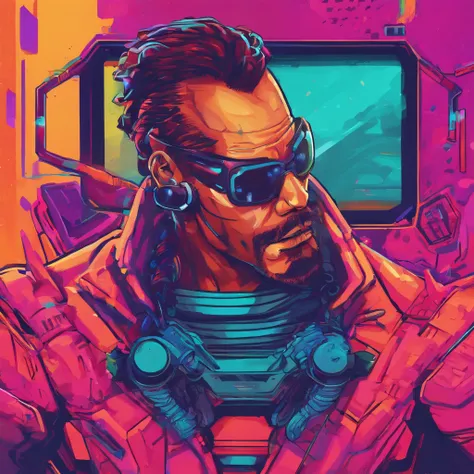 Artista homem, careca com barba grisalha e rala, de 45 anos, pele bronzeada - pintando na tela de um notebook futurista - moderno - estilo cyberpunk - tom azul escuro no contexto da imagem, e luzes laranjas e led vermelho ao fundo