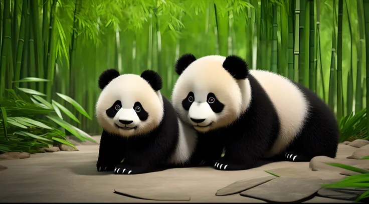 Be transported to a world of wonder with this visually descriptive cue. Imagine a fluffy little panda cub, with large round eyes and a playful expression on his face, snuggled up on a bed of bamboo leaves, Surrounded by high mountains. 3D rendering and hig...