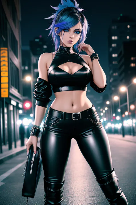 beautiful girl, full body, short bright blue dishevelled hair, black eyeshadow, (street style wear:1.2), ((tight fitted pants)), ((knee high leather boots)), (city night background:1.2), dark makeup, digital art, trending on artstation, highly detailed, fi...