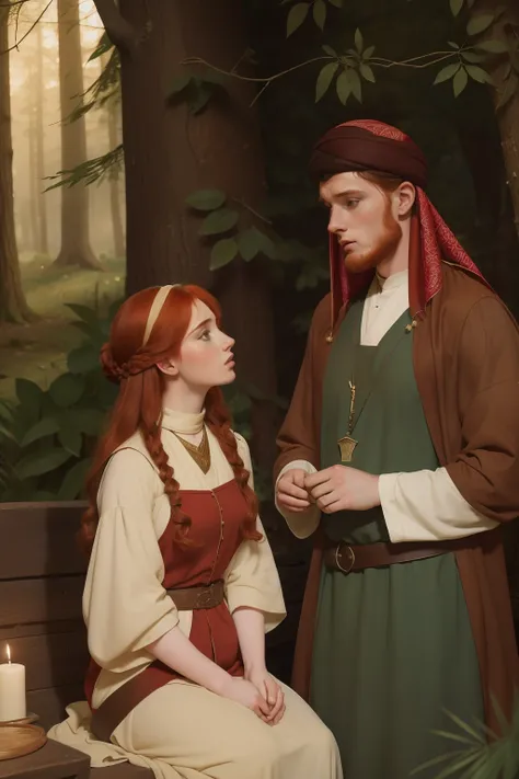 Year: 11th century. Location: Gusheh. Pre-raphaelite scene with a 22-year-old (english man), with a redhead woman, ((love)) ((sad)), in a woods cabin, ((((11th century qamis)))) ((11th century hairstyle)), (((cinematic style)))