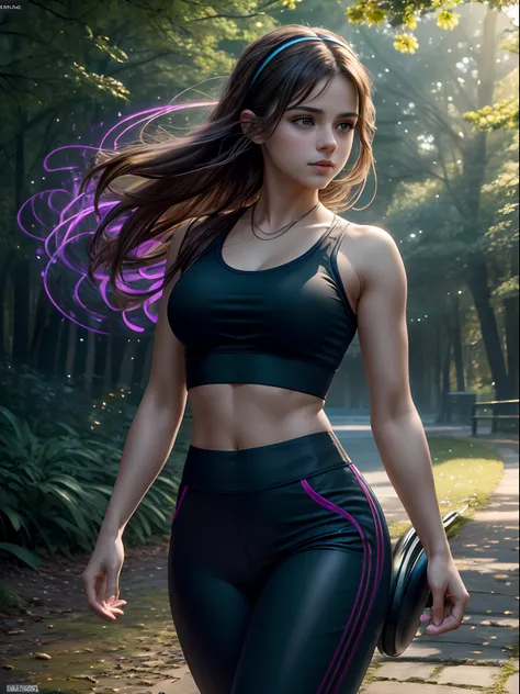 Best quality, masterpiece, ultra high res, (photorealistic:1.4), raw photo, (Selena Gomez:Emma Watson:0.8) 30 yr age, she is wearing a top and tight trousers, Headphones on her head, She is jogging in the park in the morning , twilight, vibrant, sentient p...