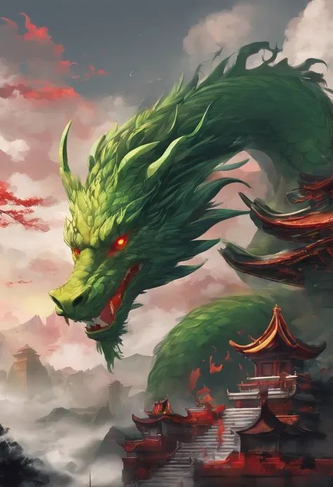 China-style，Chinese mythology，Chinese Green Dragon，tosen，Ferocious，gargantuan，The eyes glow red，Glow effects，surrounded by cloud，Thick clouds，buliding，中景 the scene is，Full body like， highly detailed surreal vfx，oc rendered，