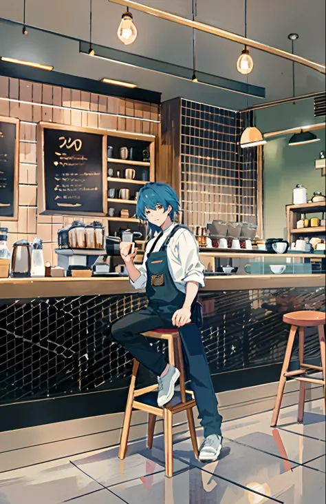 anime - style illustration of a man sitting on a stool in a coffee shop, mysterious coffee shop girl, cafe, in a coffee shop, coffee shop, in a bright cafe, sitting in a cafe, sitting alone in a cafe, cozy cafe background, 2 d anime style, sitting in a caf...