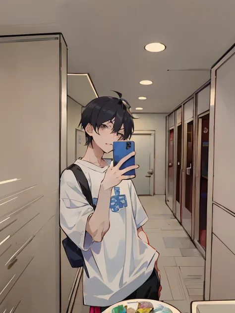 anime boy taking a selfie in a hallway with a plate of food, in an anime style, inspired by Bian Shoumin, anime moe artstyle, high quality anime artstyle, in anime style, young anime man, anime aesthetic, artwork in the style of guweiz, looking at his phon...