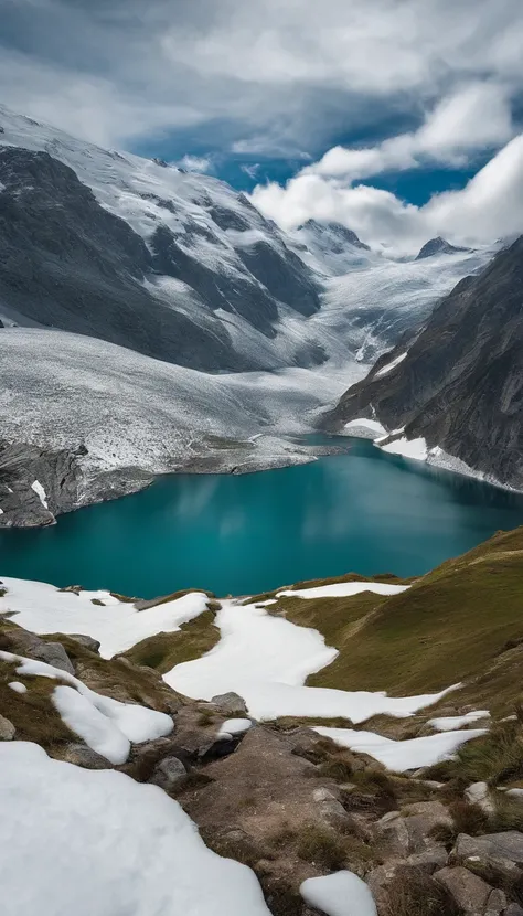 lakes，Snow Mountain，wide angle，snow，Switzerland.