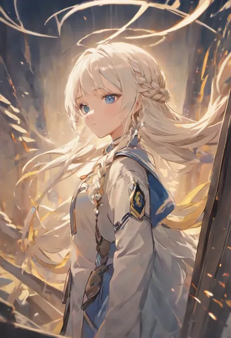 White hair and 2 braid at the back like daenerys, blue light eyes, long eyelashes, cream lips, wear los santos police officer suit, and wear boots, natural makeup, 20 years old, full body front design