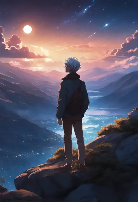 Anime boy standing on a rock looking at the starry sky, makoto shinkai cyril rolando, anime art wallpaper 4k, anime art wallpaper 4k, Anime art wallpaper 8k, cosmic sky. by makoto shinkai, inspired by Cyril Rolando, in the style dan mumford artwork, amazin...