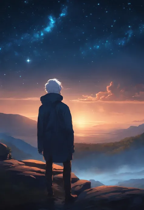 Anime boy standing on a rock looking at the starry sky, makoto shinkai cyril rolando, anime art wallpaper 4k, anime art wallpaper 4k, Anime art wallpaper 8k, cosmic sky. by makoto shinkai, inspired by Cyril Rolando, in the style dan mumford artwork, amazin...