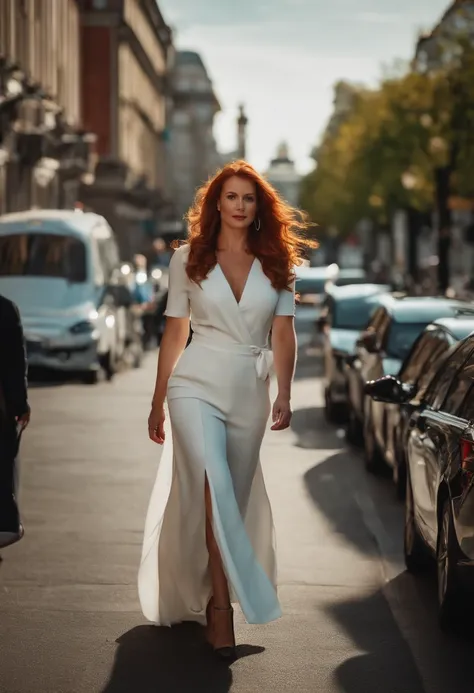 white woman, redhead with brown eyes, 35 years old, well dressed, with an hourglass body shape and slightly larger hips, attractive and self-confident look walking along a busy street with a morning light