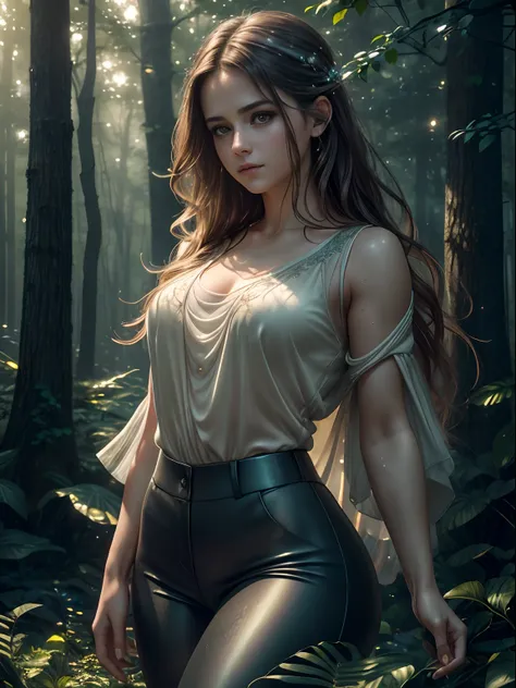 Best quality, masterpiece, ultra high res, (photorealistic:1.4), raw photo, (Selena Gomez:Emma Watson:0.8) 30 yr age, she is wearing a top and tight trousers, Headphones, She is jogging in the park in the morning , twilight, vibrant, sentient plants, magic...