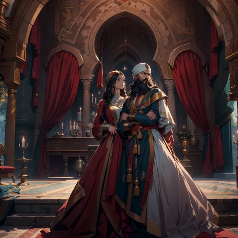 Castlevania Lord of Shadows hyper realistic super detailed Very beautiful European princess with Moroccan outfit arguing with her father old man with long beard the king wearing legendary royal turban hyper realistic super detailed dynamic shot centerpiece...