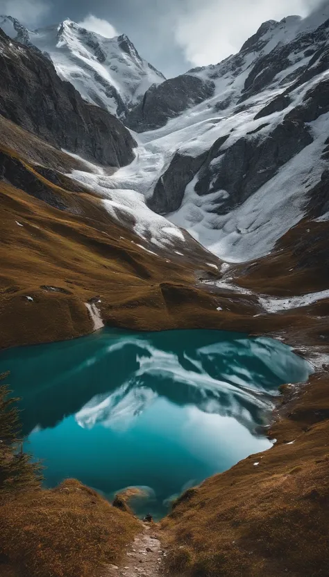 lakes，Snow Mountain，wide angle，snow，Switzerland.