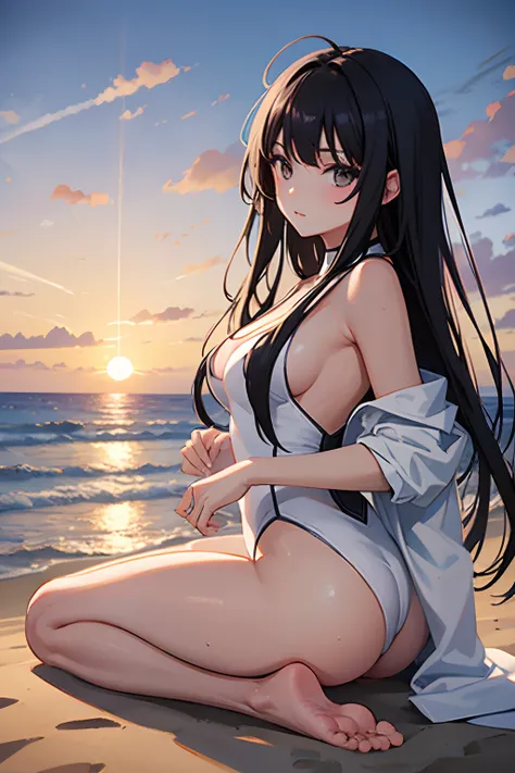 17-year-old beauty, Long Black Hair, White One Piece, Barefoot, Sunset beach