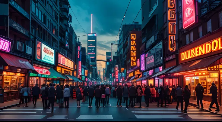 Photograph of a busy city street at dusk, taken from a low angle, with towering buildings and vibrant neon lights.