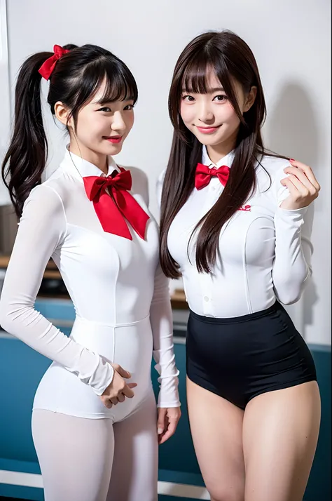 2 girls standing in school classroom,long-sleeved and seemless white jumpsuit style unitard with long compression shorts and long leggings,red bow tie,hair bow,18-year-old,bangs,a little smiles,thighs,crotch,knees,ponytail,from below