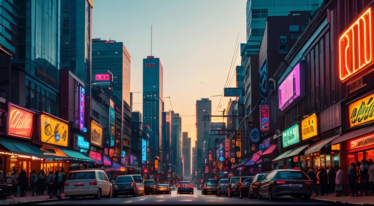 Photograph of a busy city street at dusk, taken from a low angle, with towering buildings and vibrant neon lights.