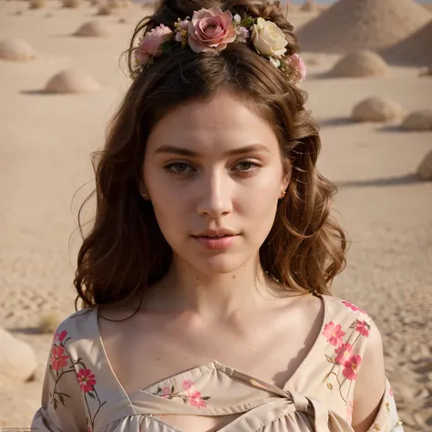 Ultra detailed, for adult, bold fashion editorial photography, taken on Hasselblad camera and Kodak Portra by Tim Walker. Close-up shot. A woman standing in the desert with flowers in hair, in the style of light pink and violet, duffy sheridan, layering, s...