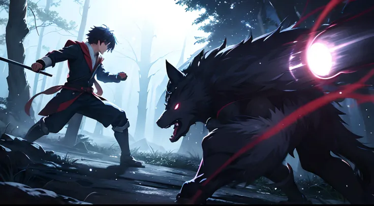 Anime scene of a protagonist fighting shadow creatures in a moonlit forest, highlighting the glowing eyes of the creatures and the determined stance of the protagonist.